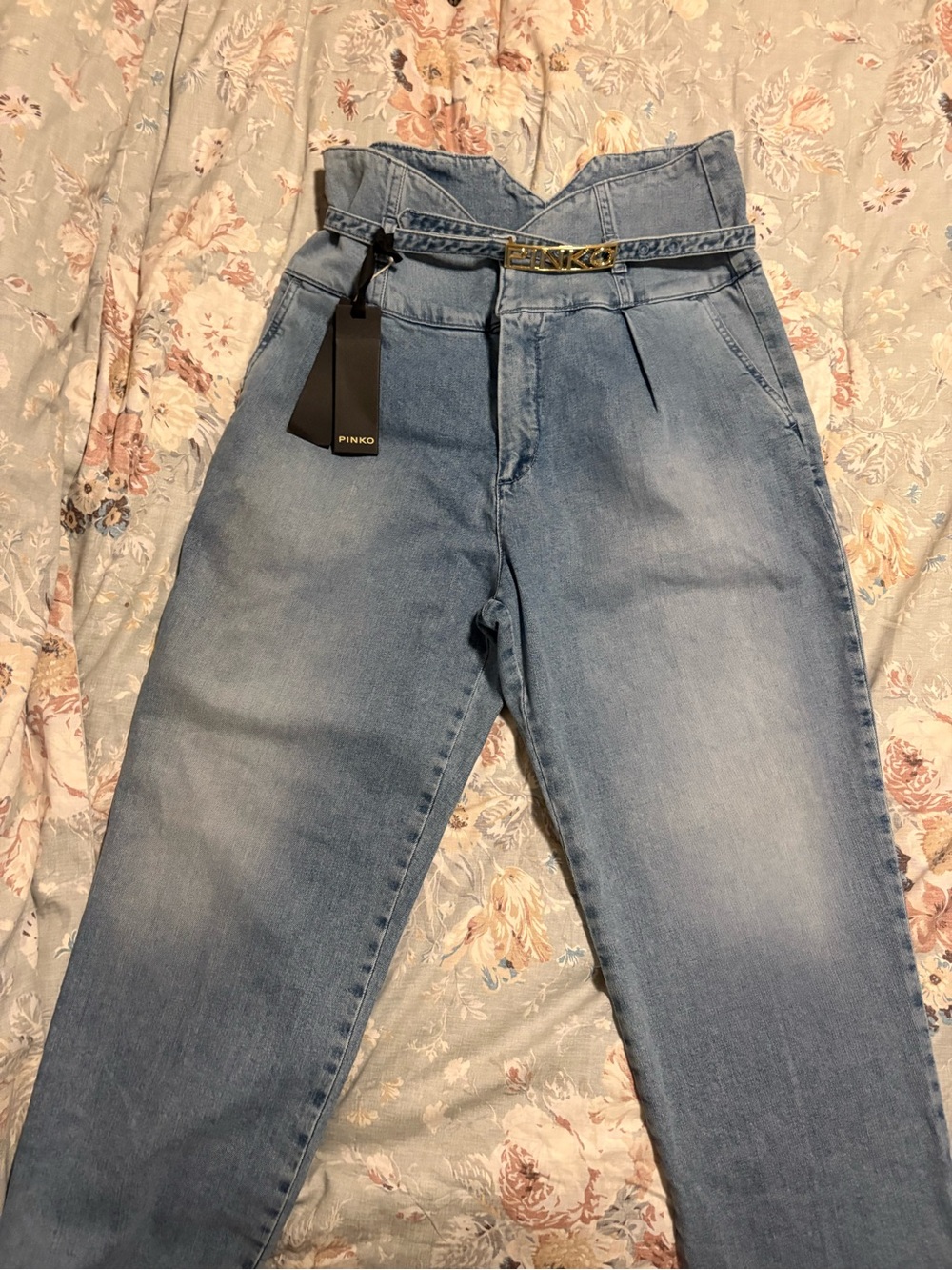 Pinko Light Blue High-Rise Paperbag Jeans with Logo Belt
